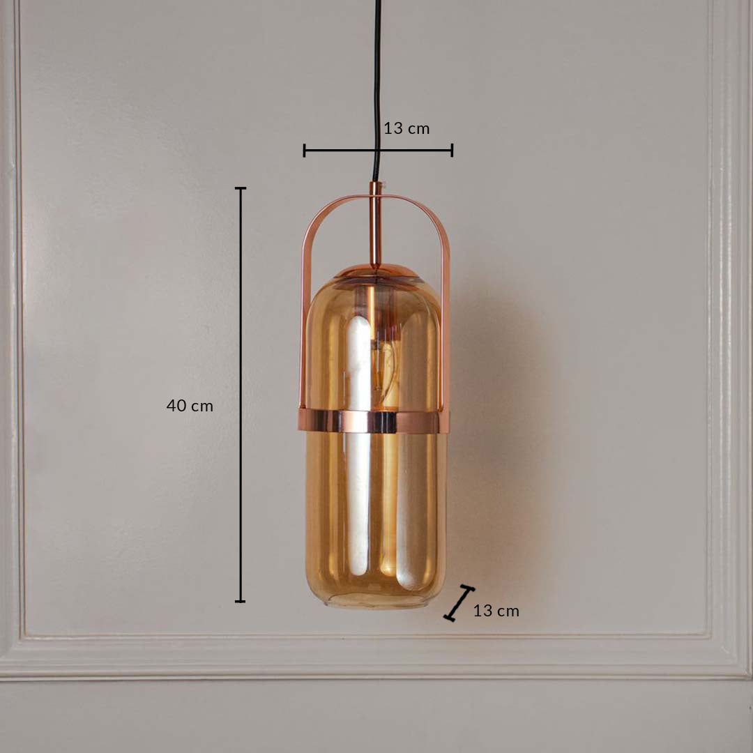 Amber glass pendant light with golden frame size 40 cm height and 13 cm width ideal for dining room and modern decor.