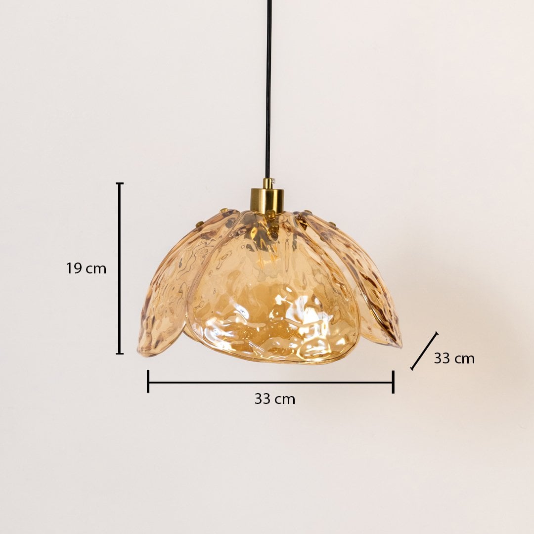 Amber textured glass and brass pendant light dimension image with 33 cm width and 19 cm height for luxury dining placement.