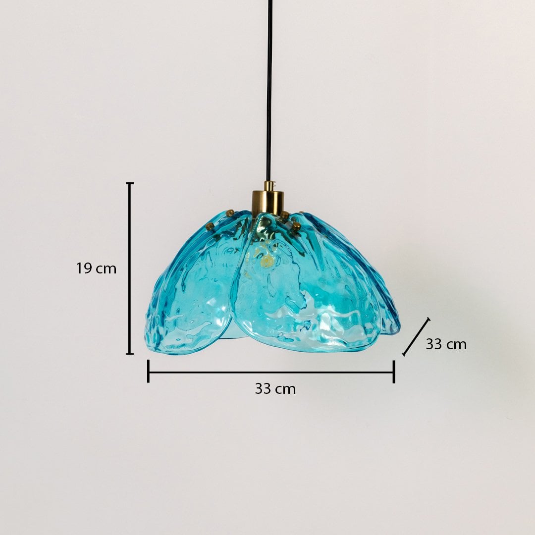 Blue textured glass and brass pendant light dimension image with 33 cm width and 19 cm height for modern dining placement.