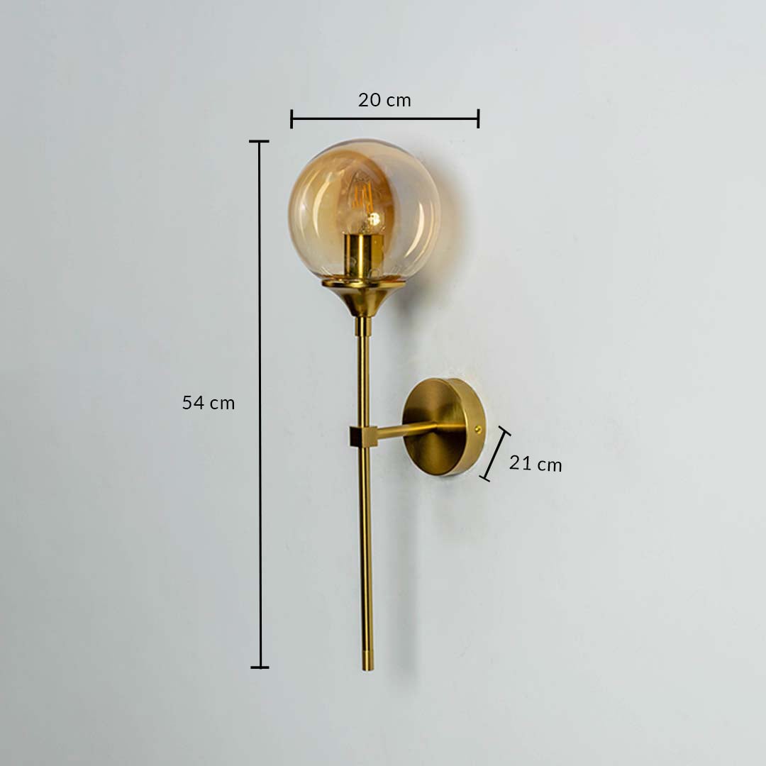 Gold wall light with measurements showing 20 cm shade width 54 cm total height and 21 cm wall projection displayed clearly on a white background.