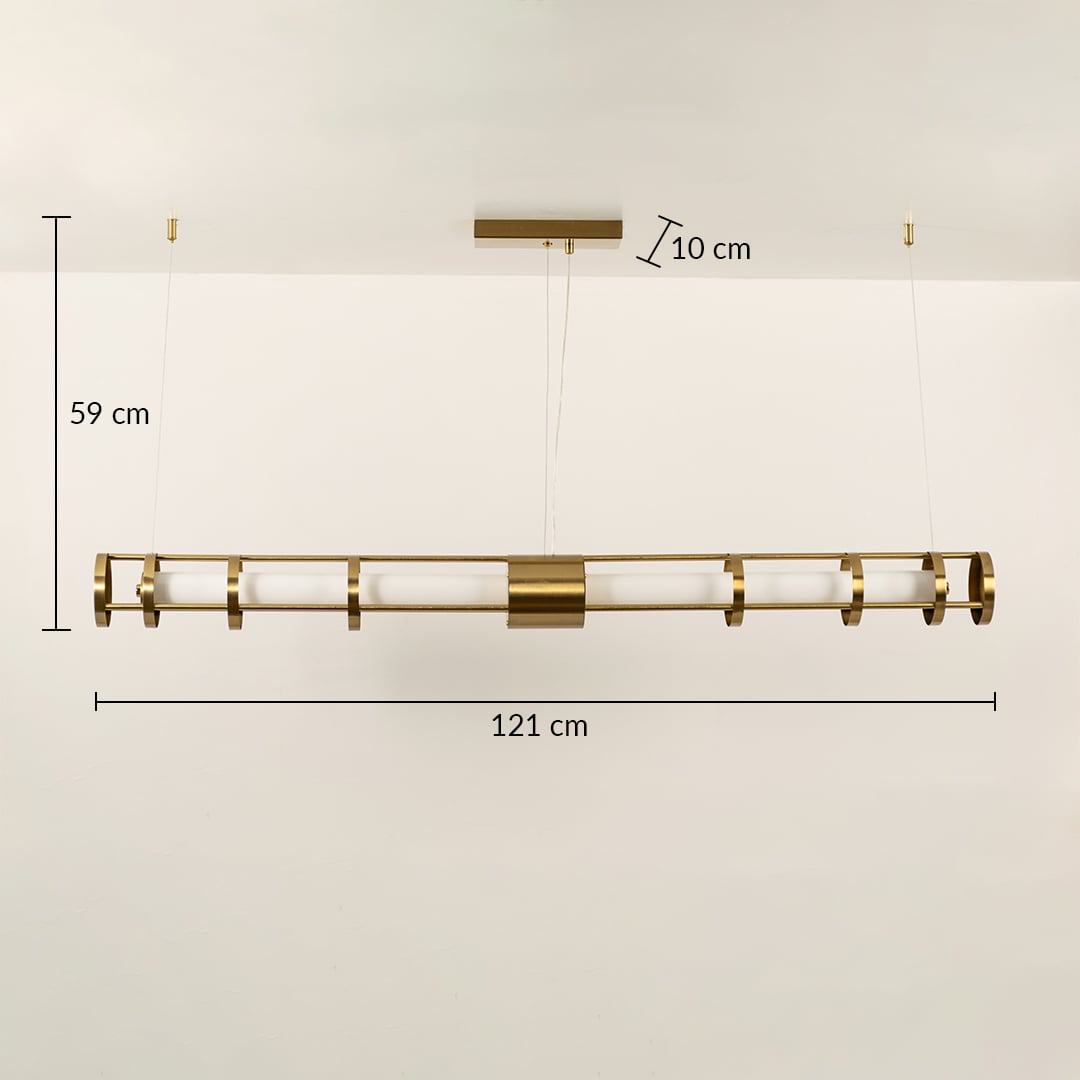 A linear gold ceiling fixture with visible size of 120 cm length ideal for modern LED chandelier lighting and luxury designer interior décor.