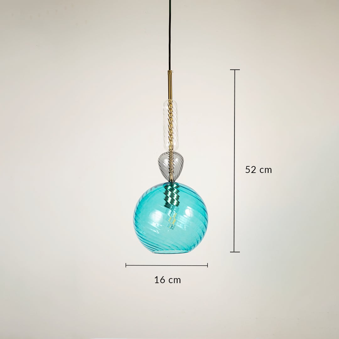 Designer blue glass pendant light showing 52 cm height and 16 cm width ideal for living room dining area and stylish home interiors.