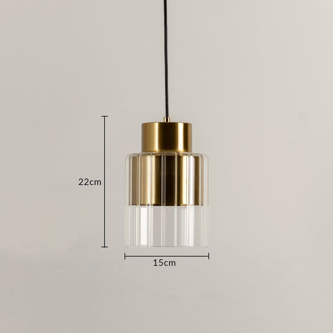 Pendant light measuring 22 cm in height and 15 cm in width featuring a metal top and clear ribbed glass base.