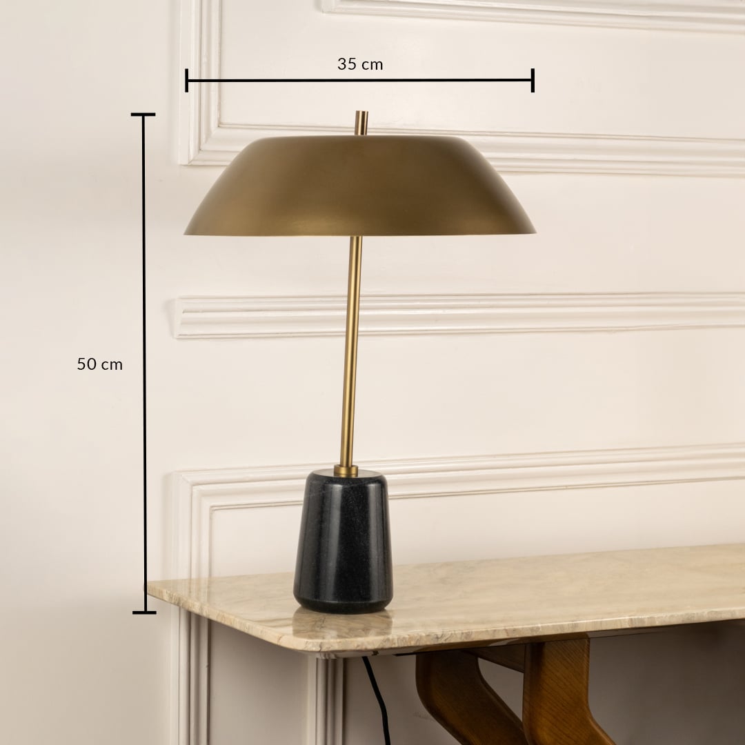 Gold metal table lamp with black marble base measuring 50 cm height and 35 cm width for luxury interiors.