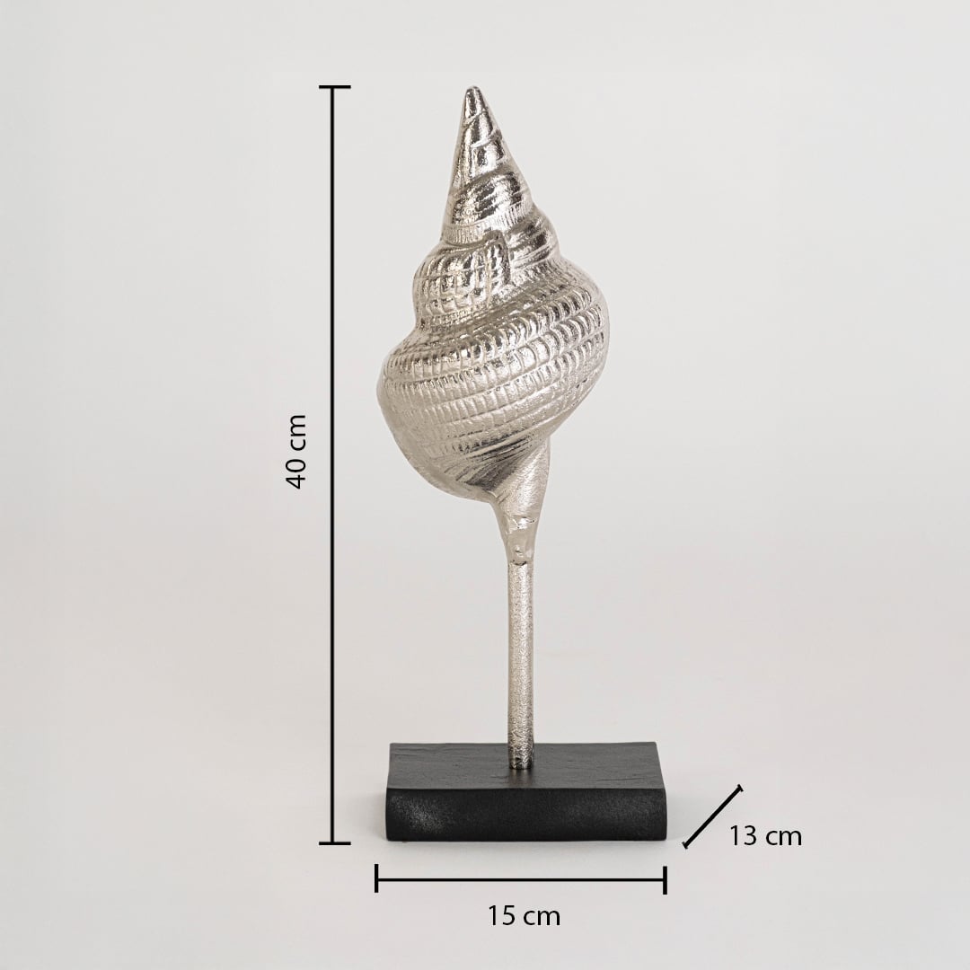 Silver metal conch sculpture on stand shown with 40 cm height and 15 cm width for accurate placement in modern interior accent decor spaces.
