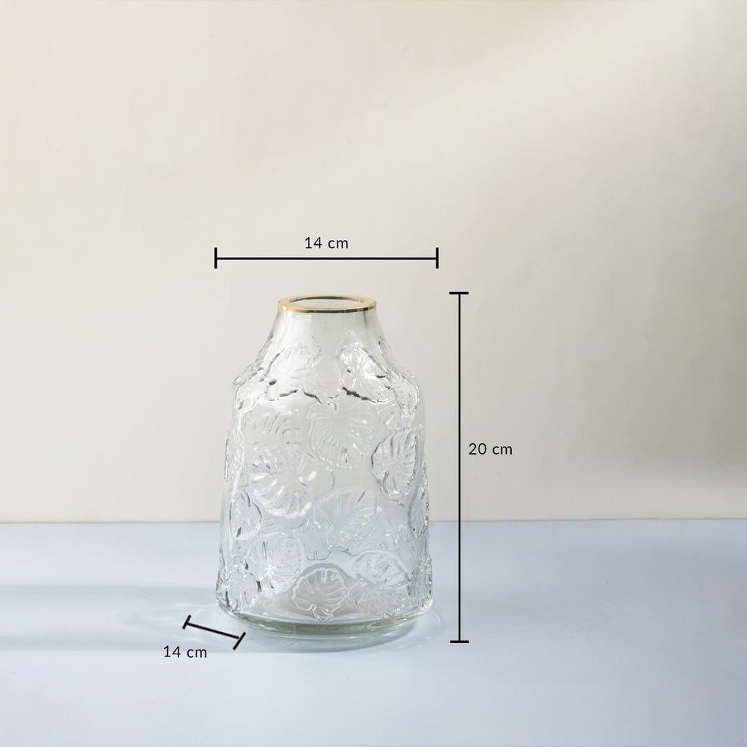 Glass vase with embossed leaf design shown with 20 cm height and 14 cm width Dimension Image.