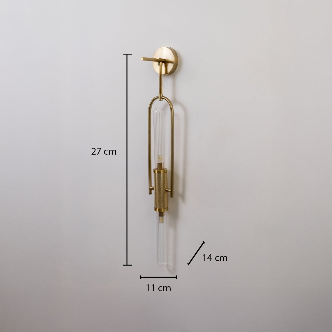 Gold wall light with ribbed glass tube shown with 27 cm height 11 cm width and 14 cm depth for accurate placement.