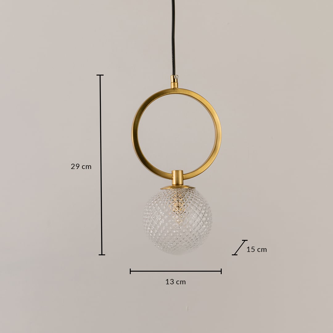 Gold ring pendant light with 29 cm height 13 cm width and 15 cm depth shown clearly for accurate hanging placement.