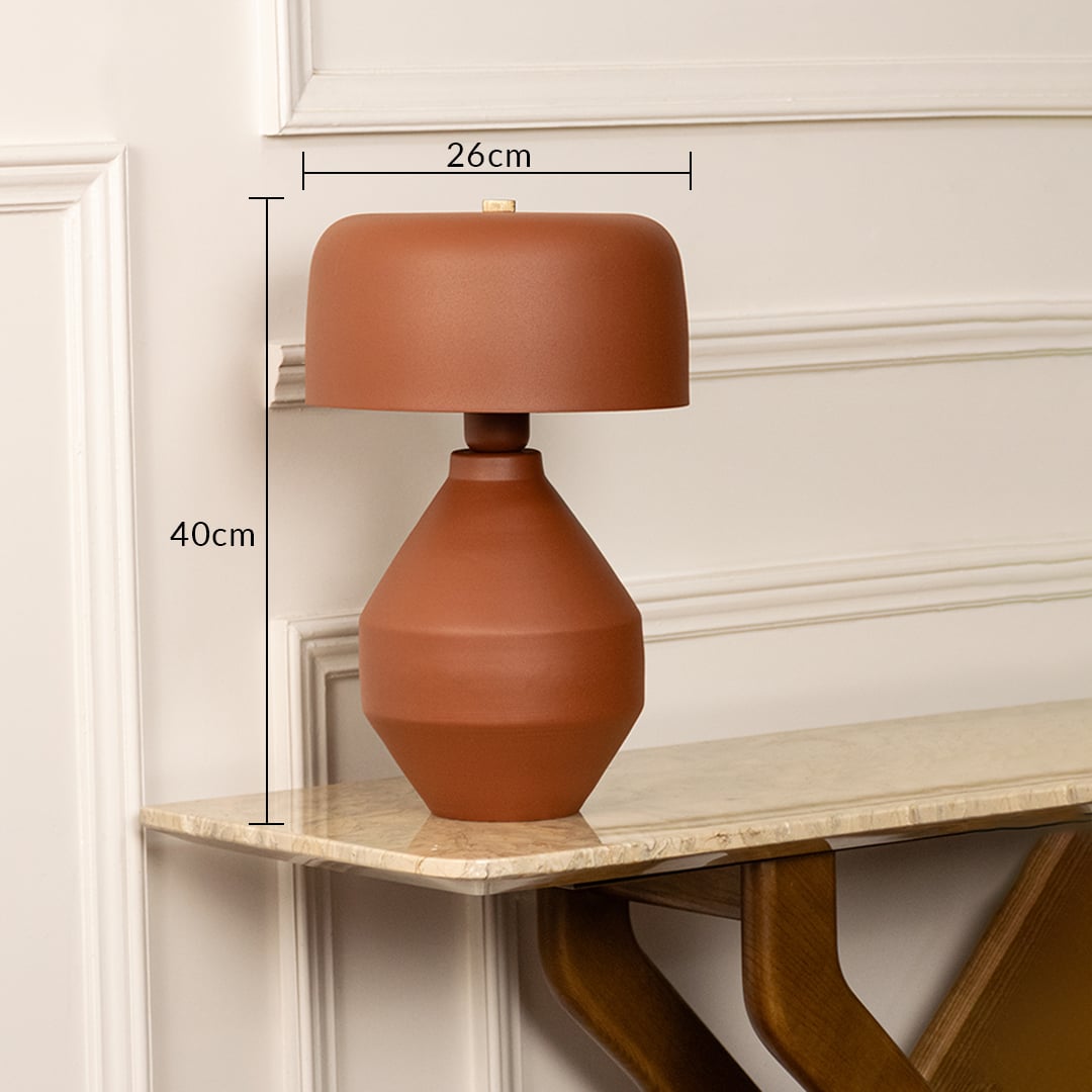 Terracotta ceramic table lamp with dome shade measuring 44 cm height and 25 cm width for modern interiors.