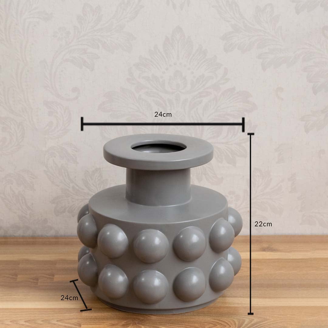A grey textured vase shown with measurements showing 24 cm width 22 cm height and 24 cm depth offering a clear understanding of its overall size.