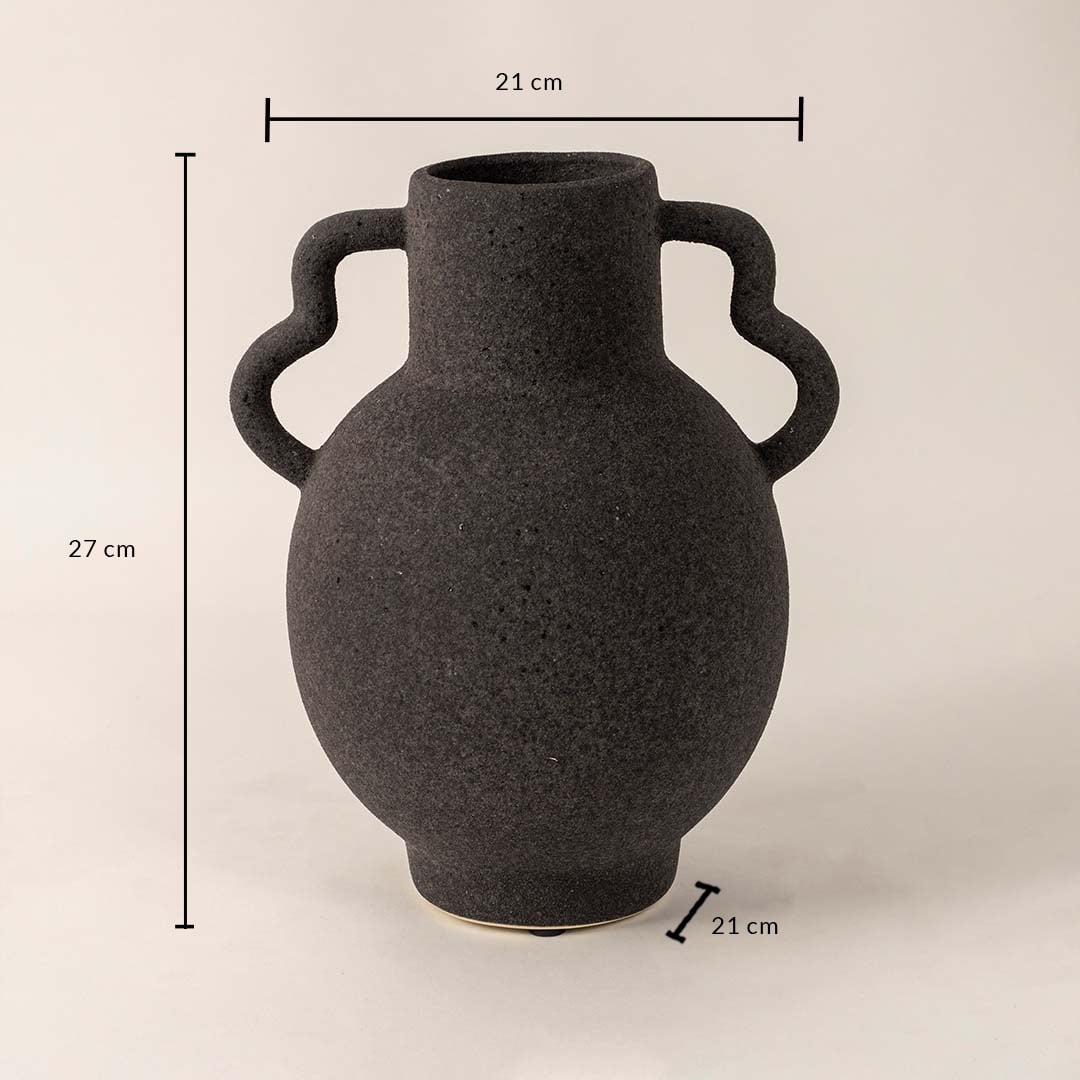 Black ceramic vase with dual curved handles showing 27 cm height and 21 cm width on white background dimension view.