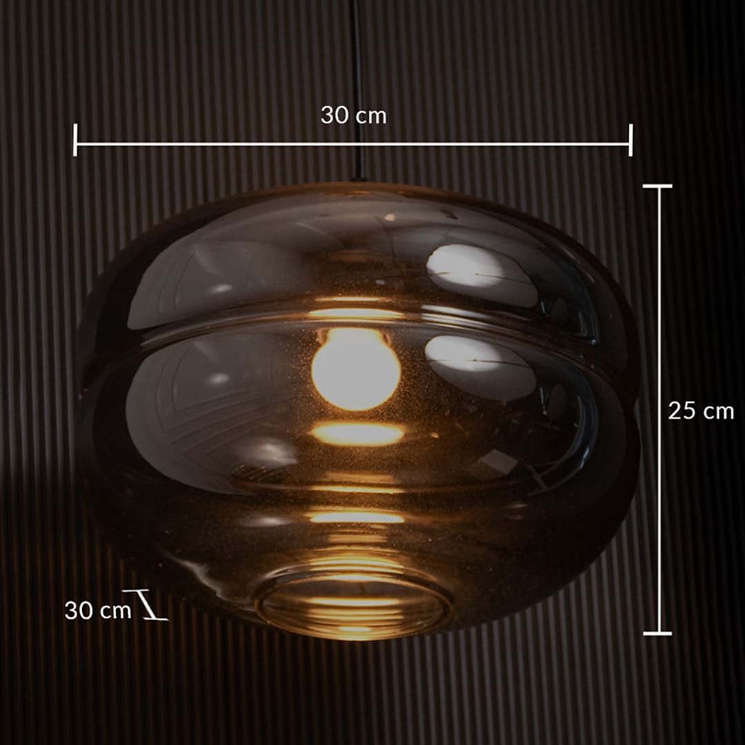 Smoked glass pendant light with warm bulb displayed with height 25 cm and width 30 cm providing clear accurate measurement reference.