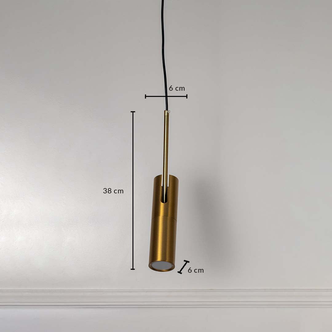 Dimension image of brushed gold metal cylinder pendant light with sleek design showing 38 cm height and 6 cm width.
