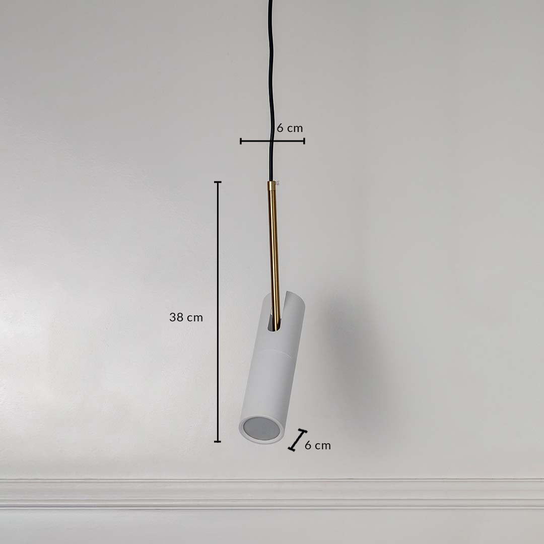 Dimension image of matte white metal cylinder pendant light with brass accent showing 38 cm height and 6 cm width.