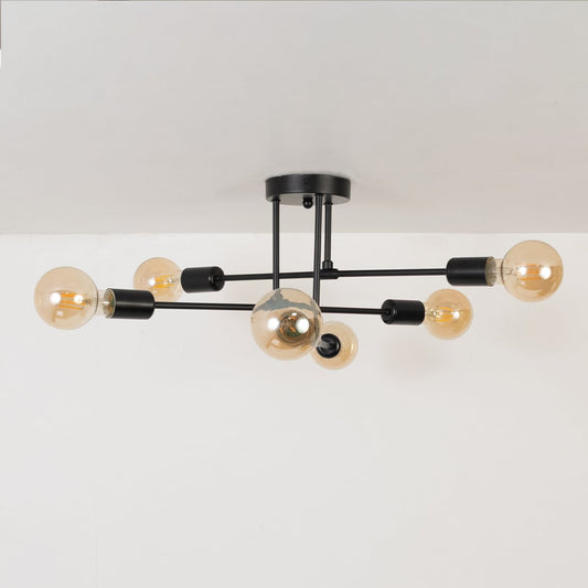 Black chandelier displayed on a clean white background with lights off showing its modern structure and sleek metal design.