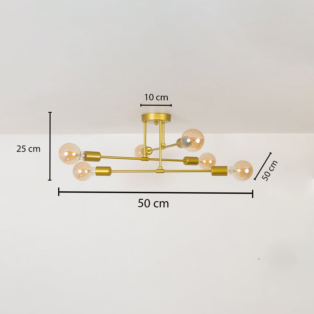 Gold chandelier shown with 25 cm height 50 cm width and 50 cm depth offering a clear visual reference of its exact dimensions