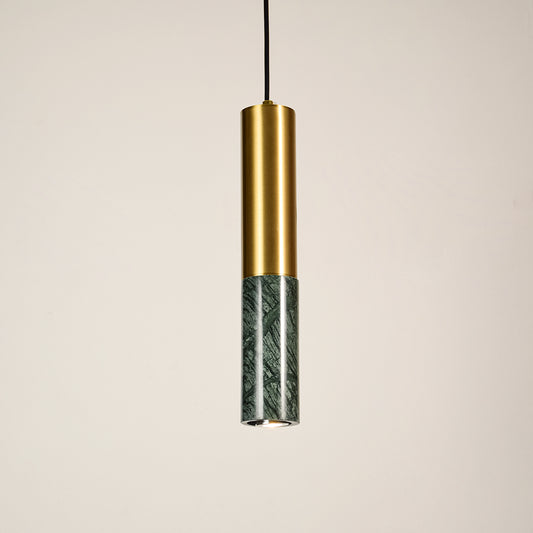 Green marble and gold metal pendant light illuminated to display luxury ceiling lighting with elegant modern styling.
