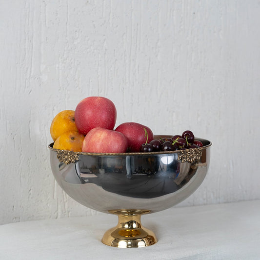 Silver and gold fruit bowl packaged inside premium black box with inner cushioning for gifting and safe transit.