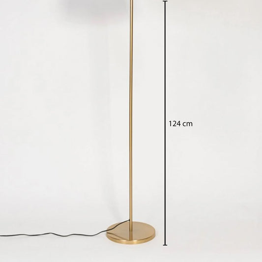 Tall metal floor lamp 124 cm long with compact base photographed on white background showcasing streamlined structure premium finish and minimalist interior lighting style.