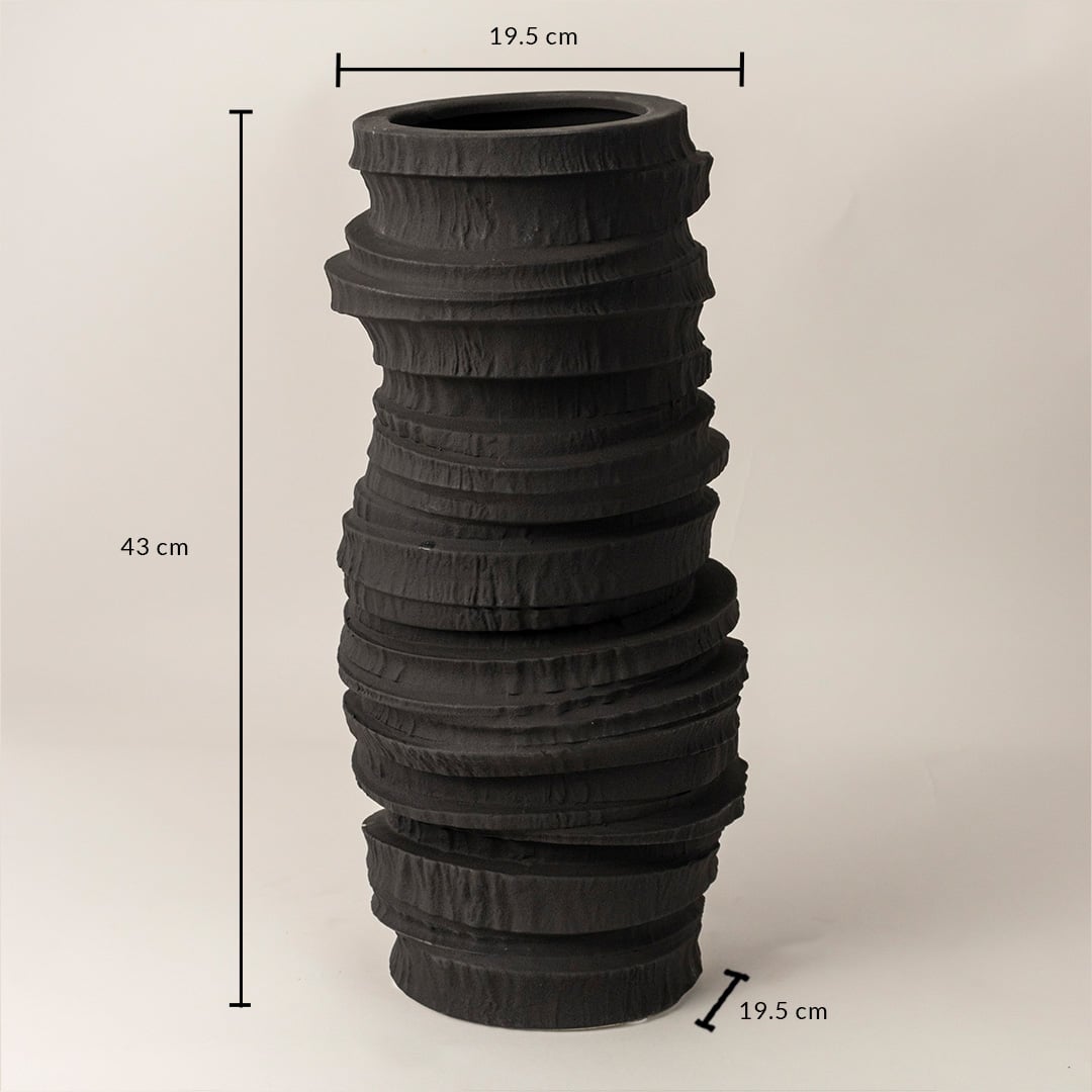 Onyx black ceramic vase with 43 cm height and 19.5 cm width displayed with dimensions for accurate size reference on neutral background.