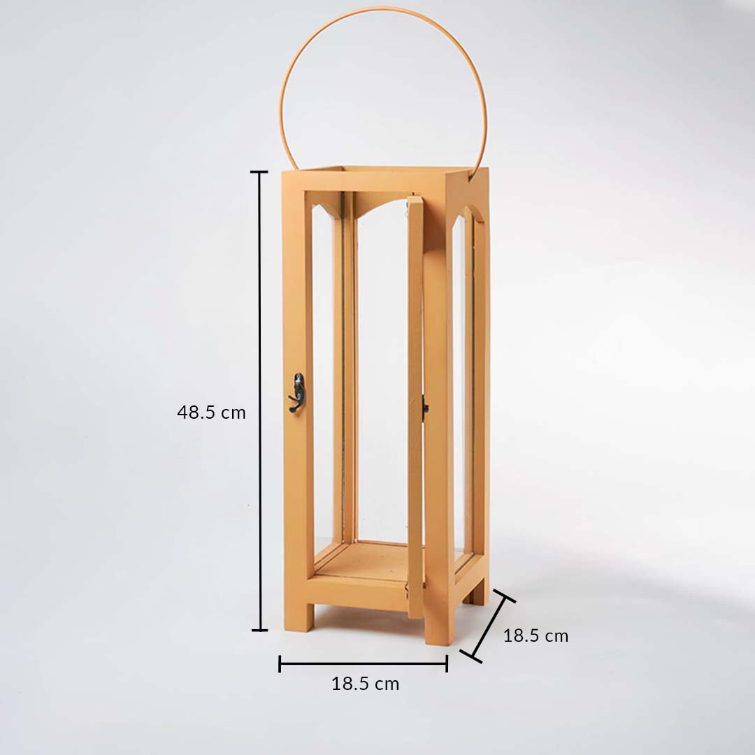 wooden garden lantern measuring 38 cm in height and 18 cm in width displayed with measurements on white.