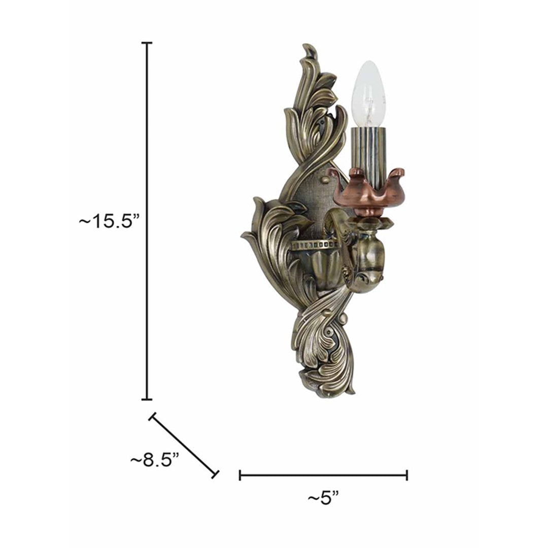 Antique gold wall sconce measuring approximately 15 inches in height 8 inches in depth and 5 inches in width shown clearly with measurement guides.