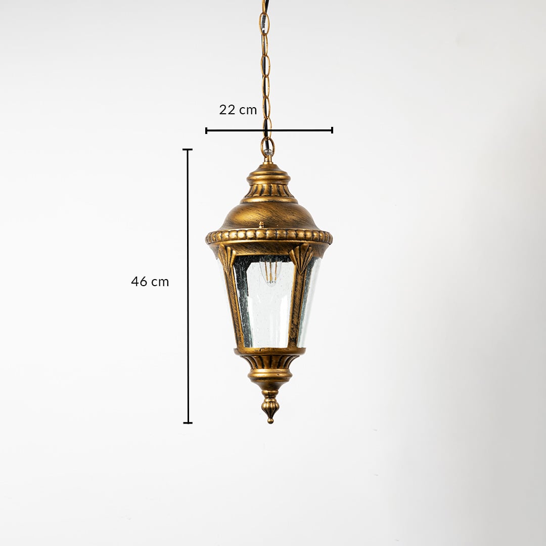 Vintage brass hanging lantern light with textured glass shade measuring 45 cm height and 22 cm width.