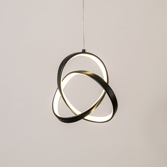 Modern pendant light in black metal finish with geometric loop design for dining room or living decor lighting white background.