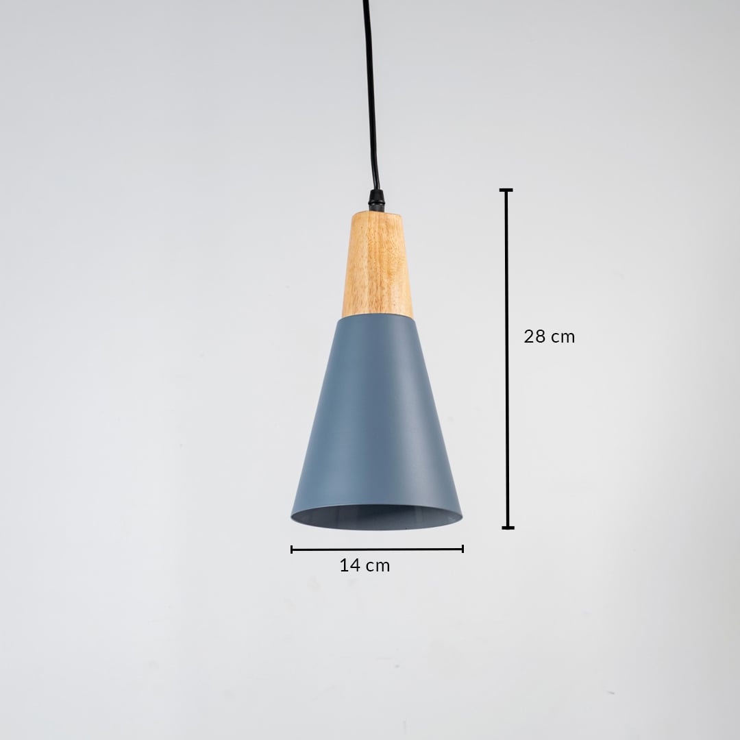 Pendant light with wooden top and matte shade shown with 28 cm height and 14 cm width dimensions.