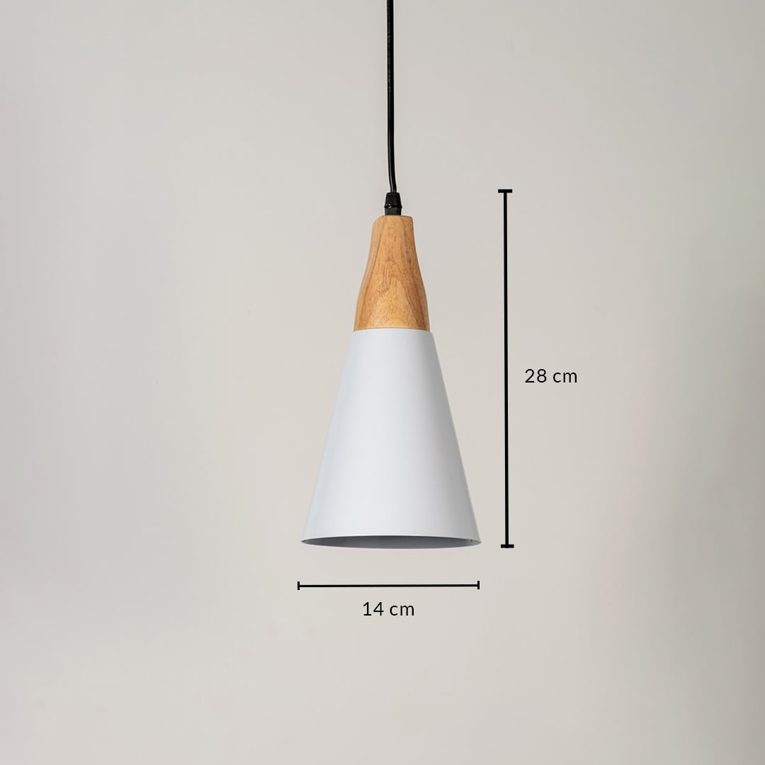 White cone pendant light with wood detail measuring 28 cm in height and 14 cm in diameter creating a modern hanging lamp.
