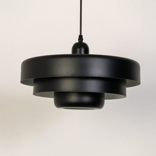 Black metal pendant light with layered design for modern bedroom dining room and ceiling styling.