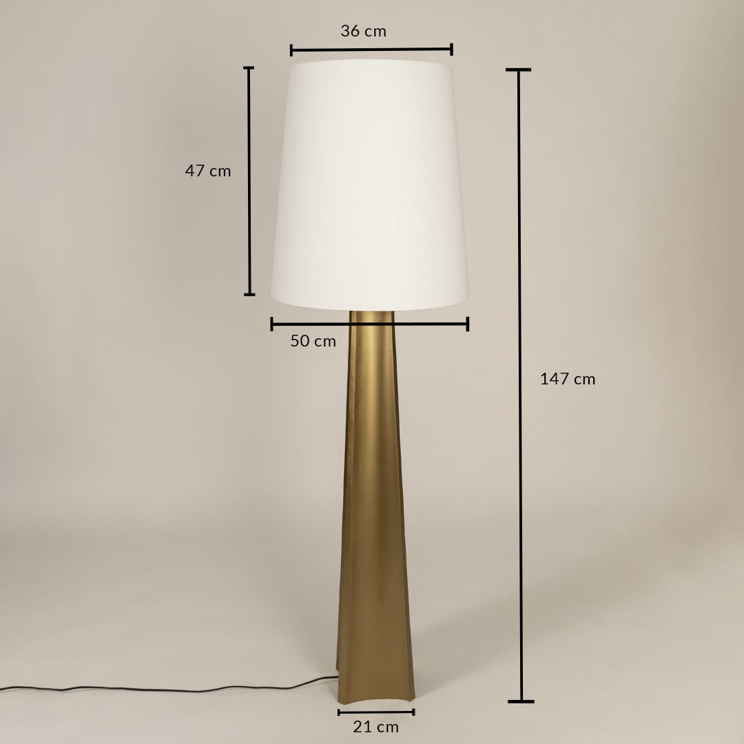 Floor lamp shown with 147 cm height and 36 cm shade width featuring a tall metal base and white shade ideal for stylish contemporary interior home decor lighting.