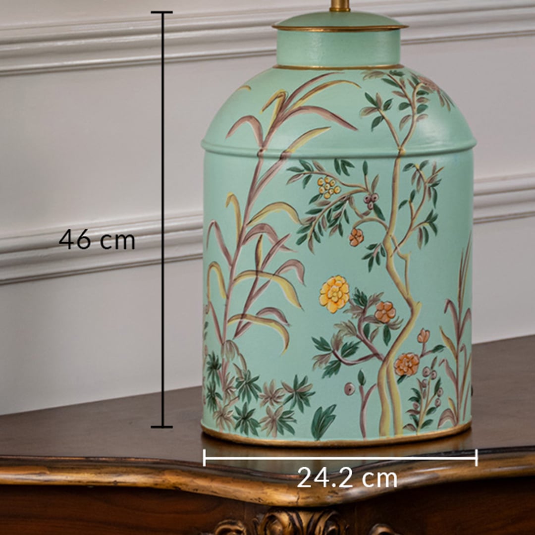 Table lamp dimension image featuring aqua ceramic base with floral design and clearly shown size measurements.