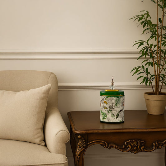 Green tropical decorative jar displayed on wooden side table adding elegance to cozy beige living room decor.
