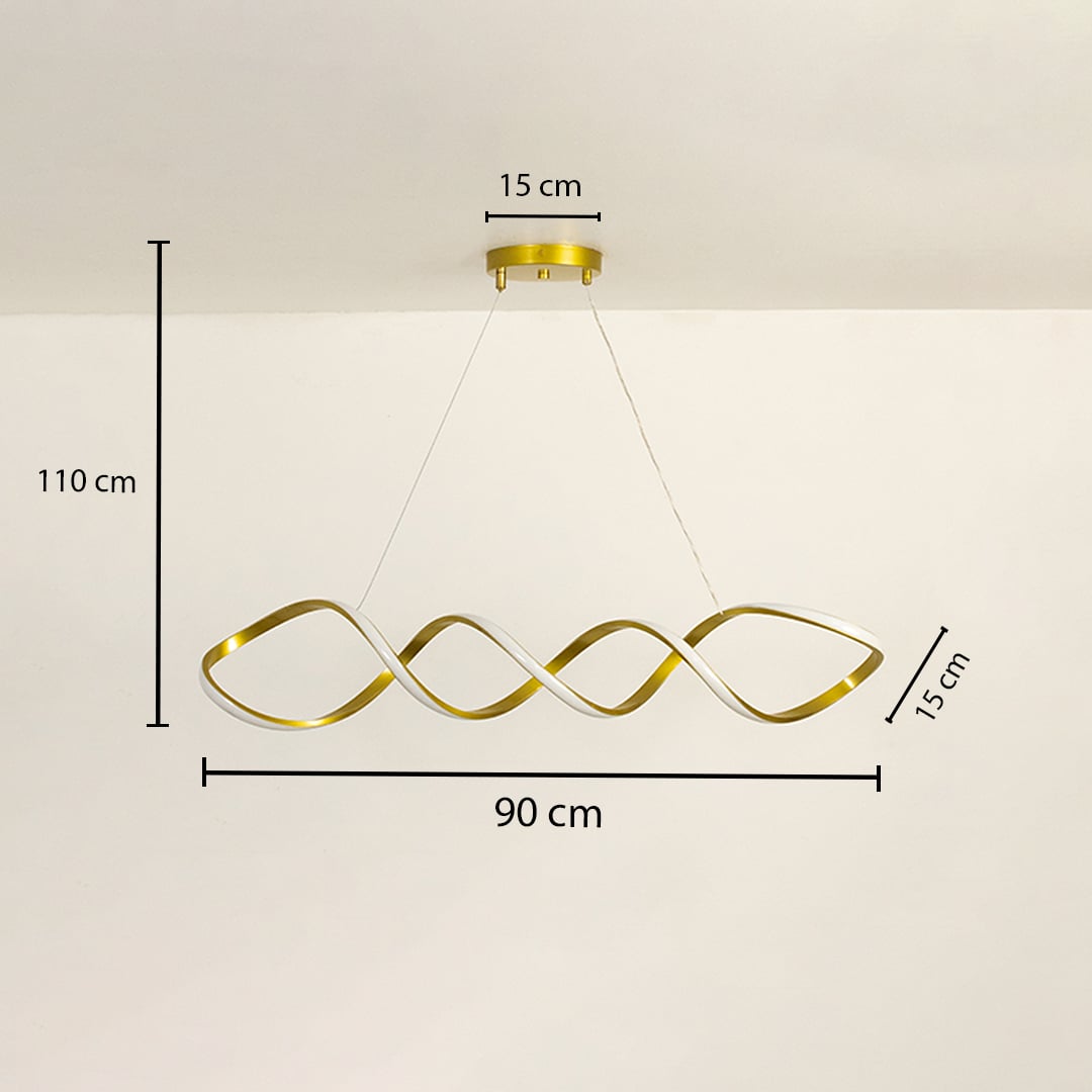 Dimension view of the chandelier showing 90 cm width 110 cm height 15 cm depth and a 15 cm ceiling plate on white background.