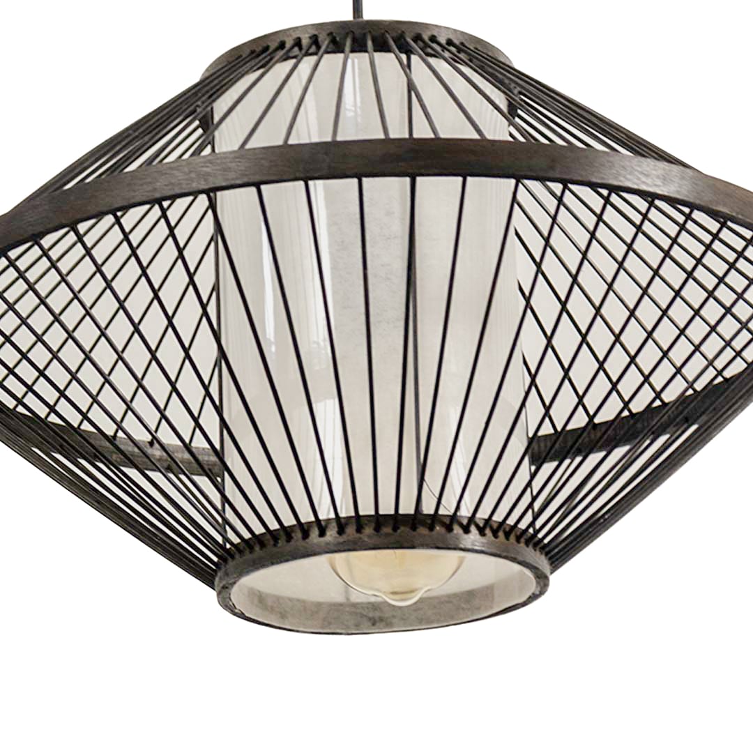 Black woven metal pendant light displayed on white background for elegant industrial ceiling decor style.