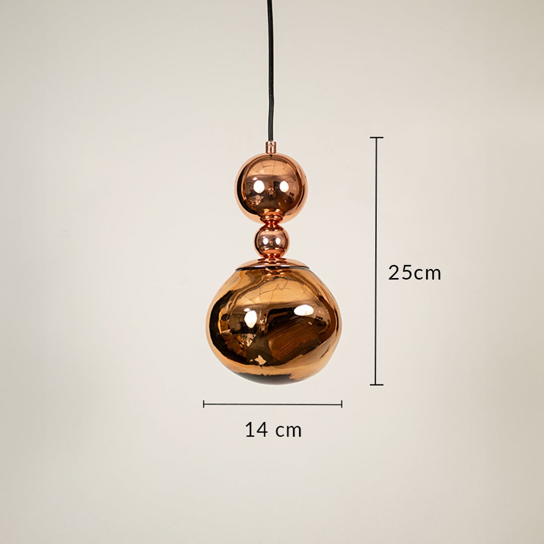 Copper finish metal globe pendant light dimension image with 14 cm width and 25 cm height for modern bedside placement.