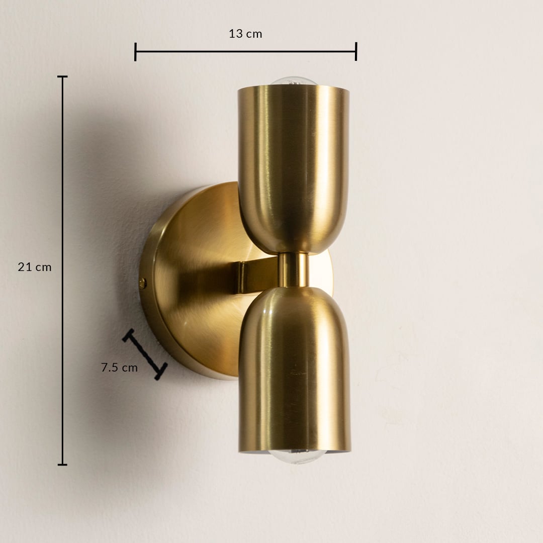 Gold double wall sconce shown with size reference perfect for modern bedroom and living room wall lighting.