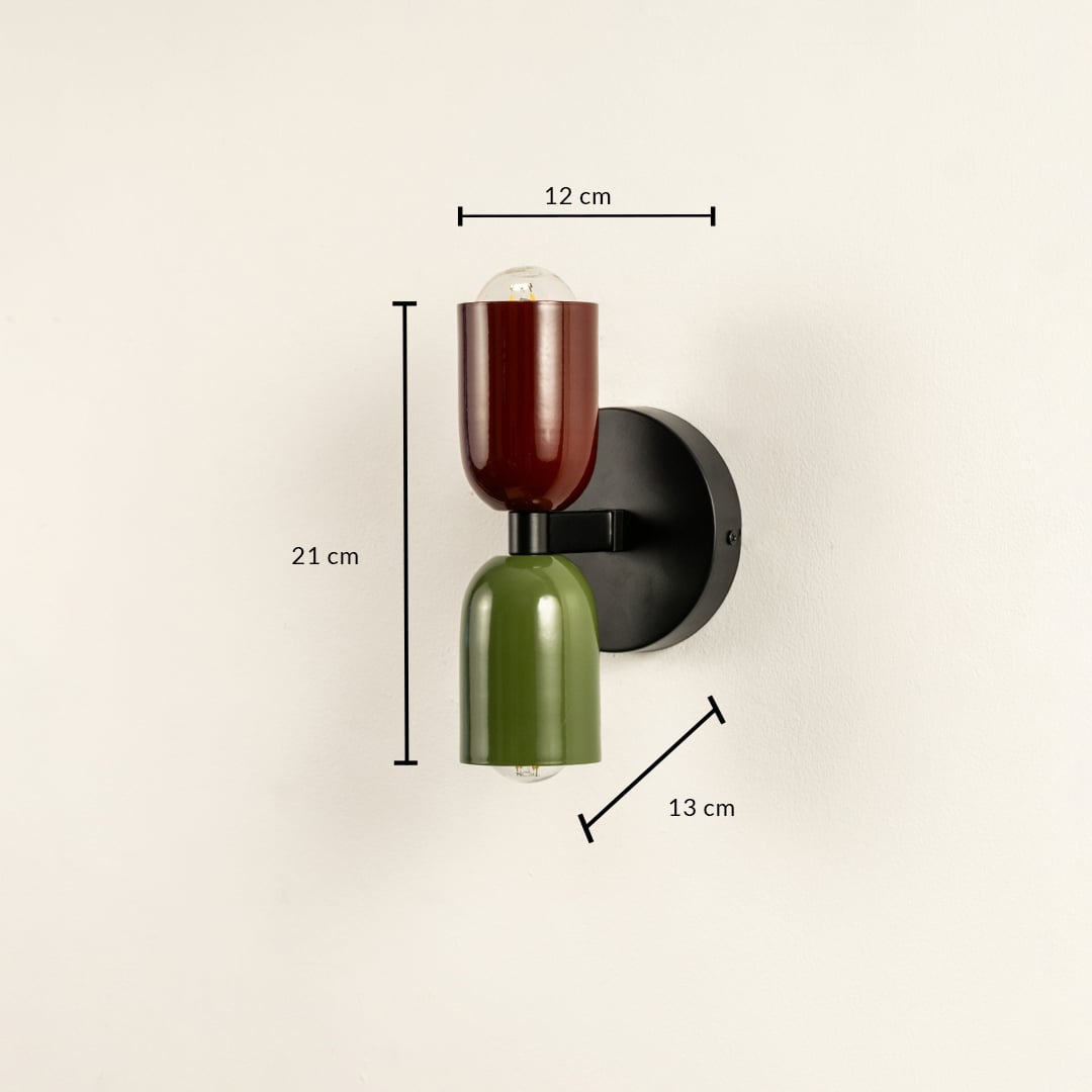 Modern dual tone wall light 21 cm tall and 12 cm wide shown for size detail perfect for living or bedroom decor.