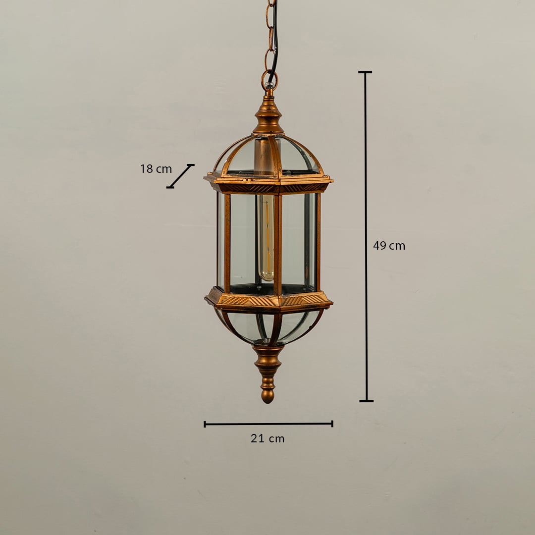 Technical diagram of antique brass outdoor lantern showing height 49 cm width 21 cm and depth 18 cm for installation reference.