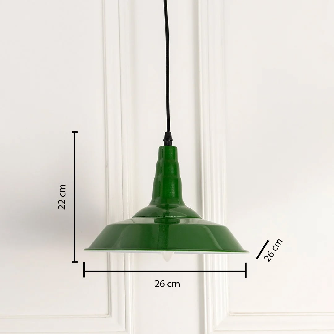 Green pendant light 22 cm tall and 26 cm wide shown for measurement detail ideal for kitchen or hallway lighting.