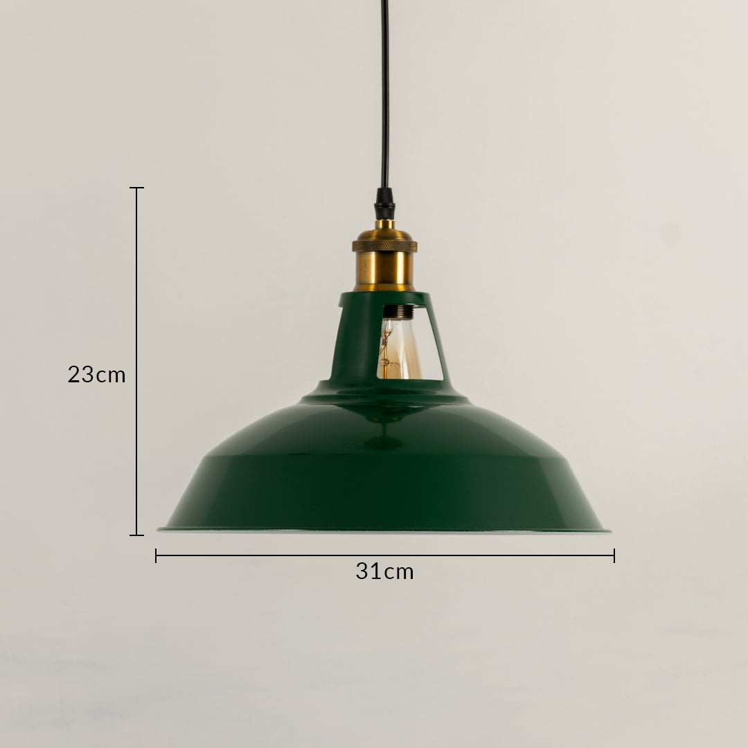 Dimension image of green metal pendant light with brass accents showing 23 cm height and 31 cm width for kitchens.