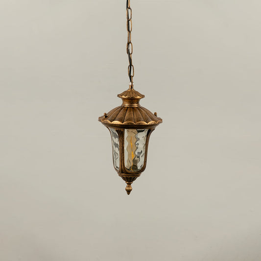 Gold metal outdoor hanging lantern light off showing textured glass and detailed metalwork ideal for enhancing patio balcony and exterior Decor styling.