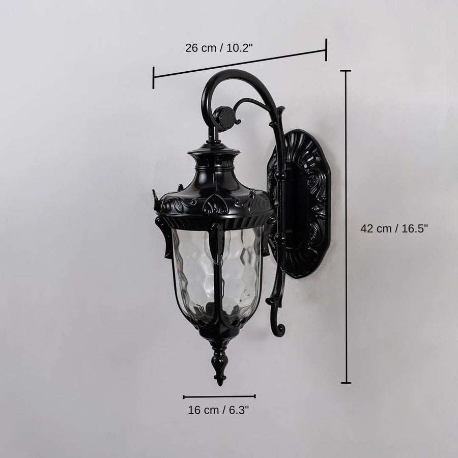 Black metal outdoor wall light, 42 x 16 x 26 cm (16.5 x 6.3 x 10.2 inches) dimensions