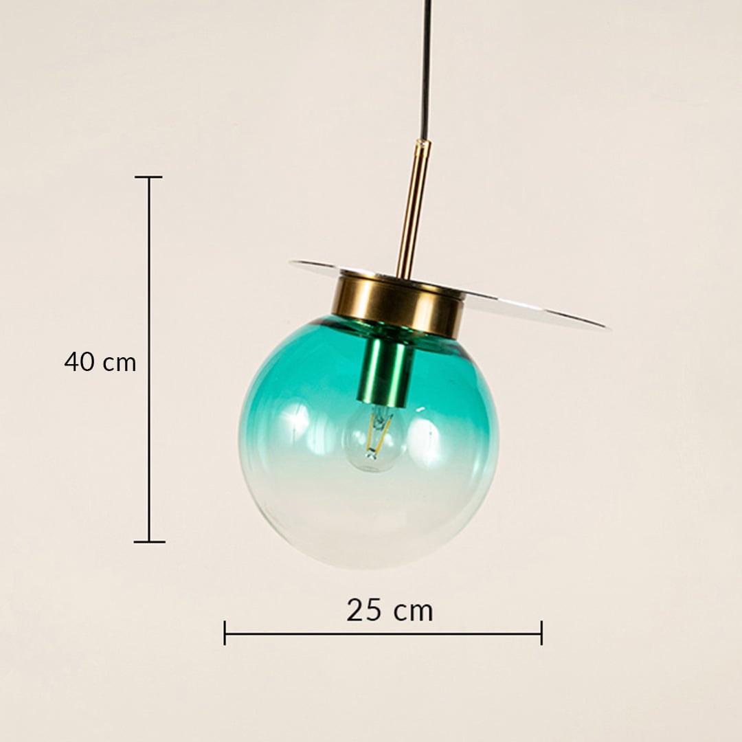 Round blue glass pendant light with gold metal top showing 40 cm height and 25 cm diameter suitable for dining lighting.