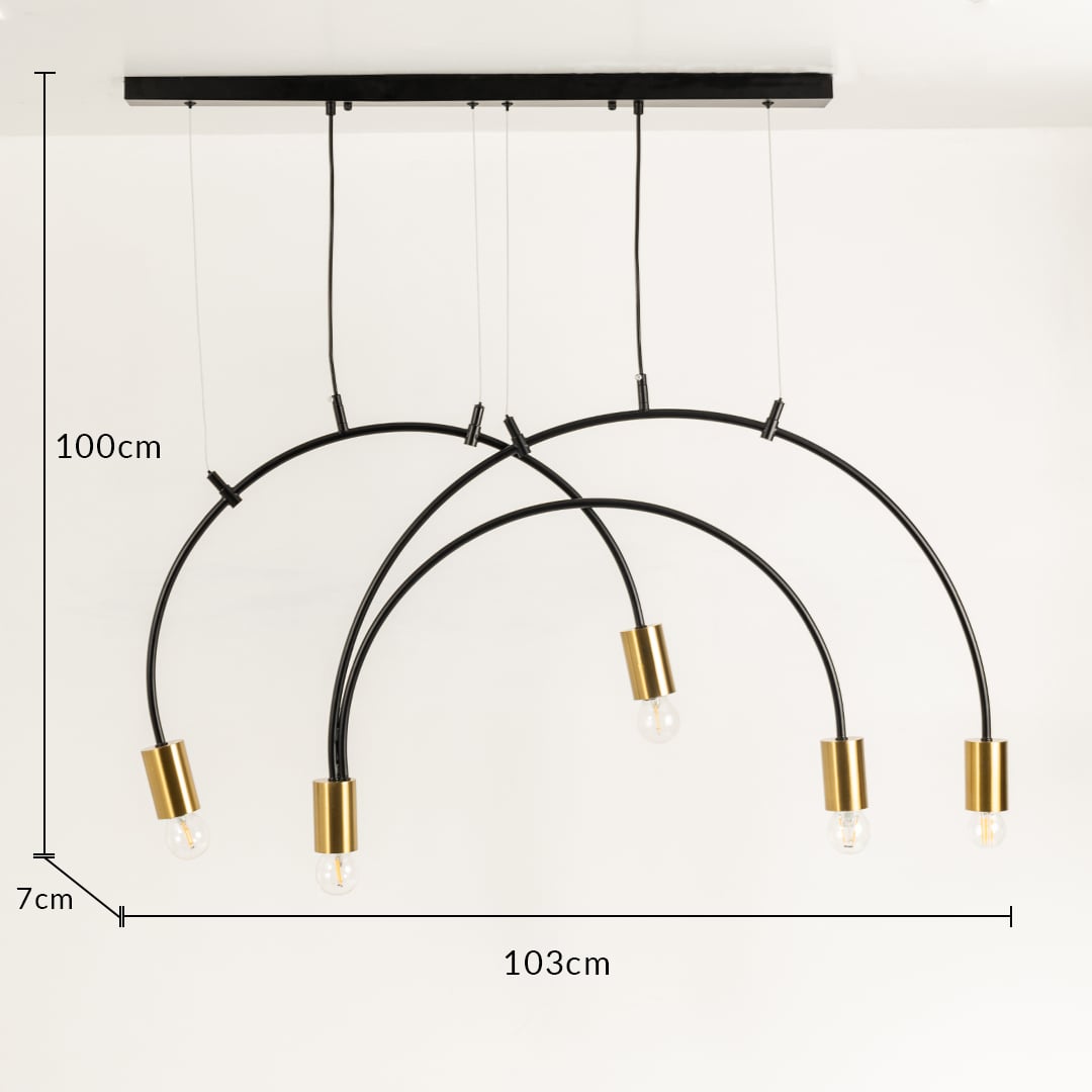 A black metal chandelier with gold bulb holders shown with detailed measurements displaying a height of 100cm width of 103cm and depth of 7cm for accurate sizing.