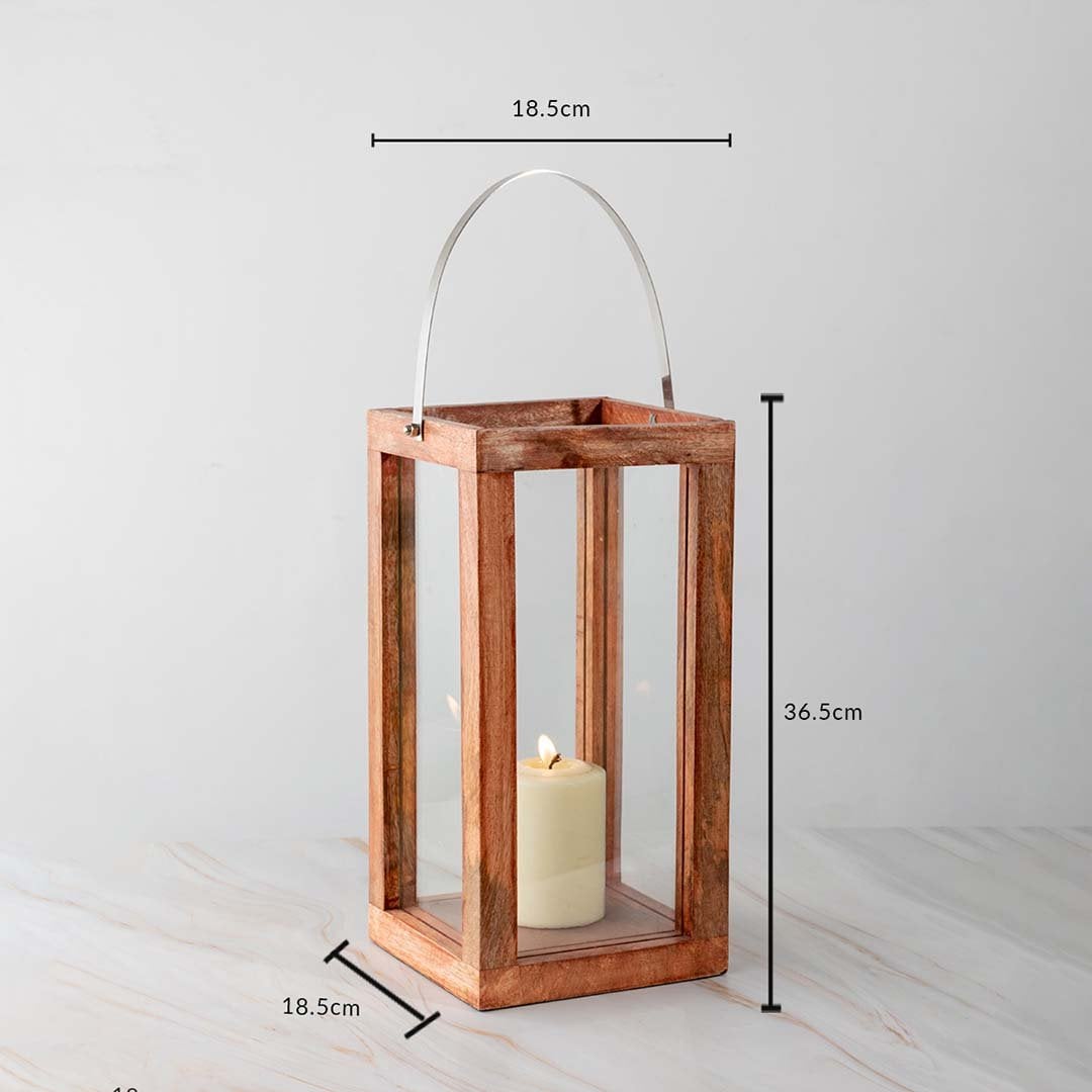 Wooden lantern product dimensions showing 18.5 cm width and 36.5 cm height ideal for tabletop and floor display.