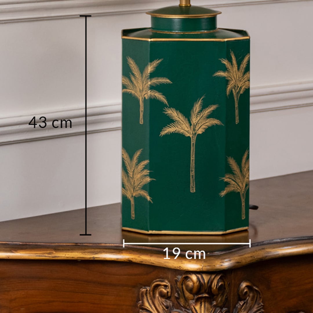 Table lamp dimension image showing green ceramic base with gold palm tree detailing measuring approximately 43 cm height and 19 cm width.