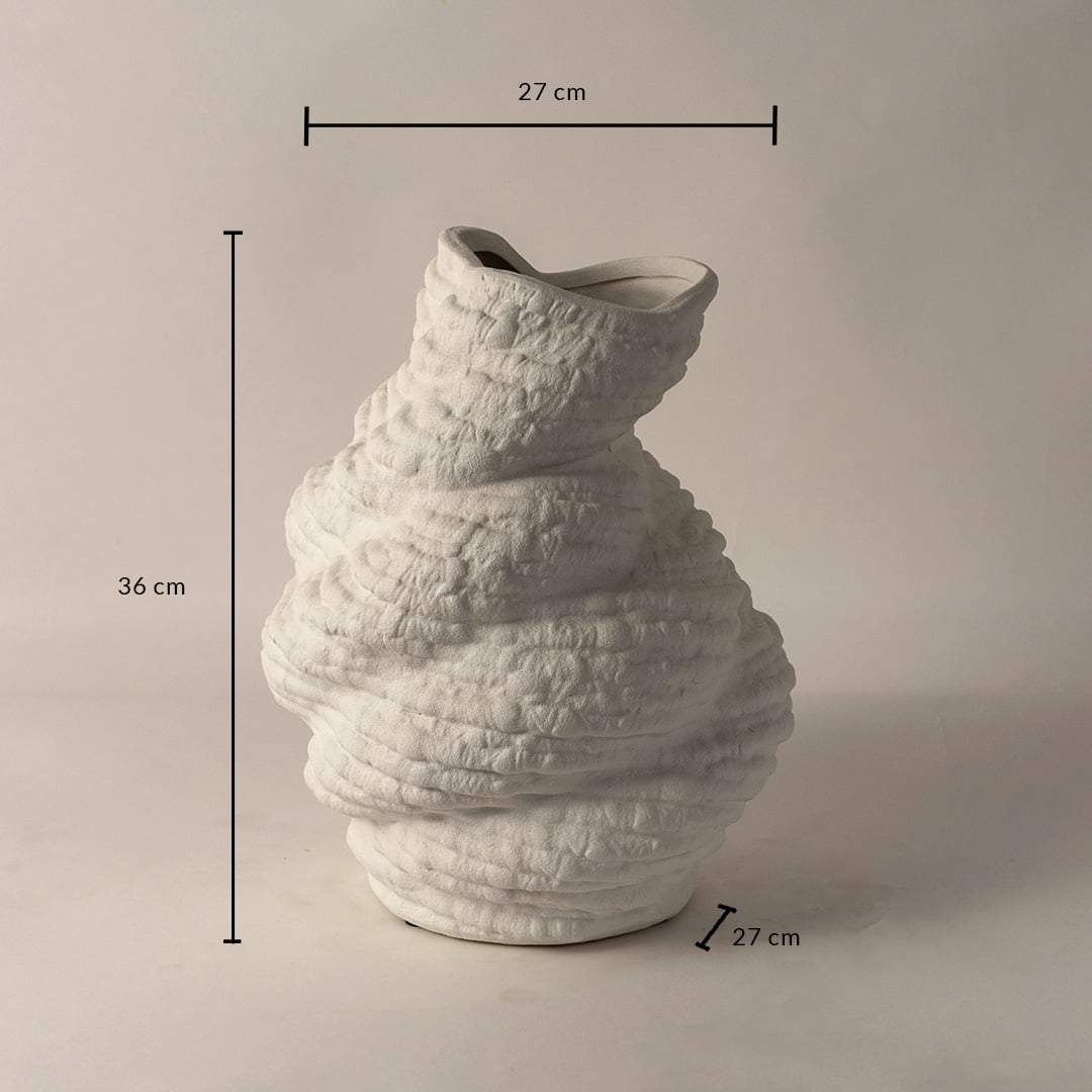 White ceramic sculptural vase with textured artistic design shown with 36 cm height and 27 cm width for modern home styling.
