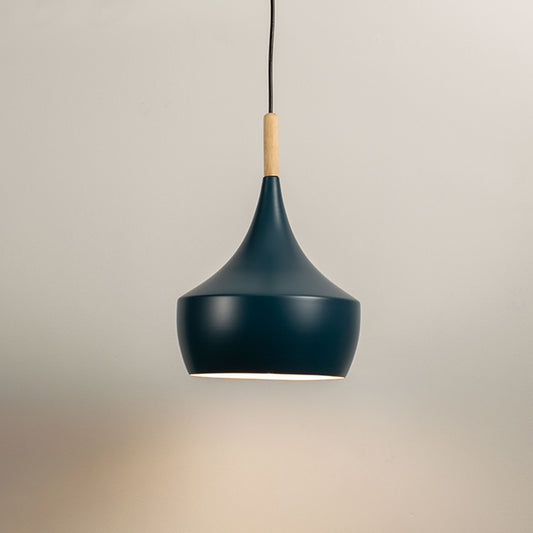 Teal pendant light with rounded metal shade and wooden top on neutral background modern hanging lighting for kitchen and dining decor.